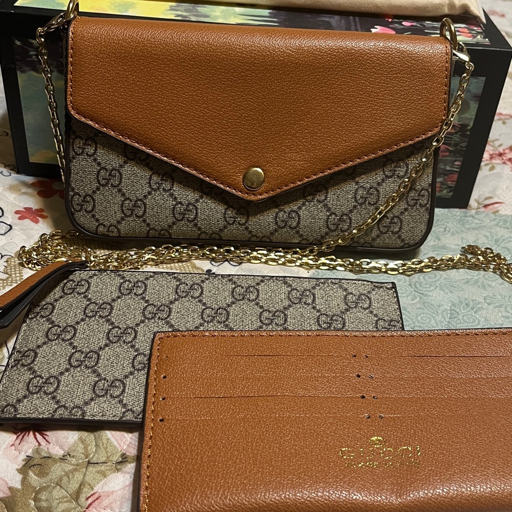 Fashionable Brown & Beige Canvas Crossbody Wallet Trio